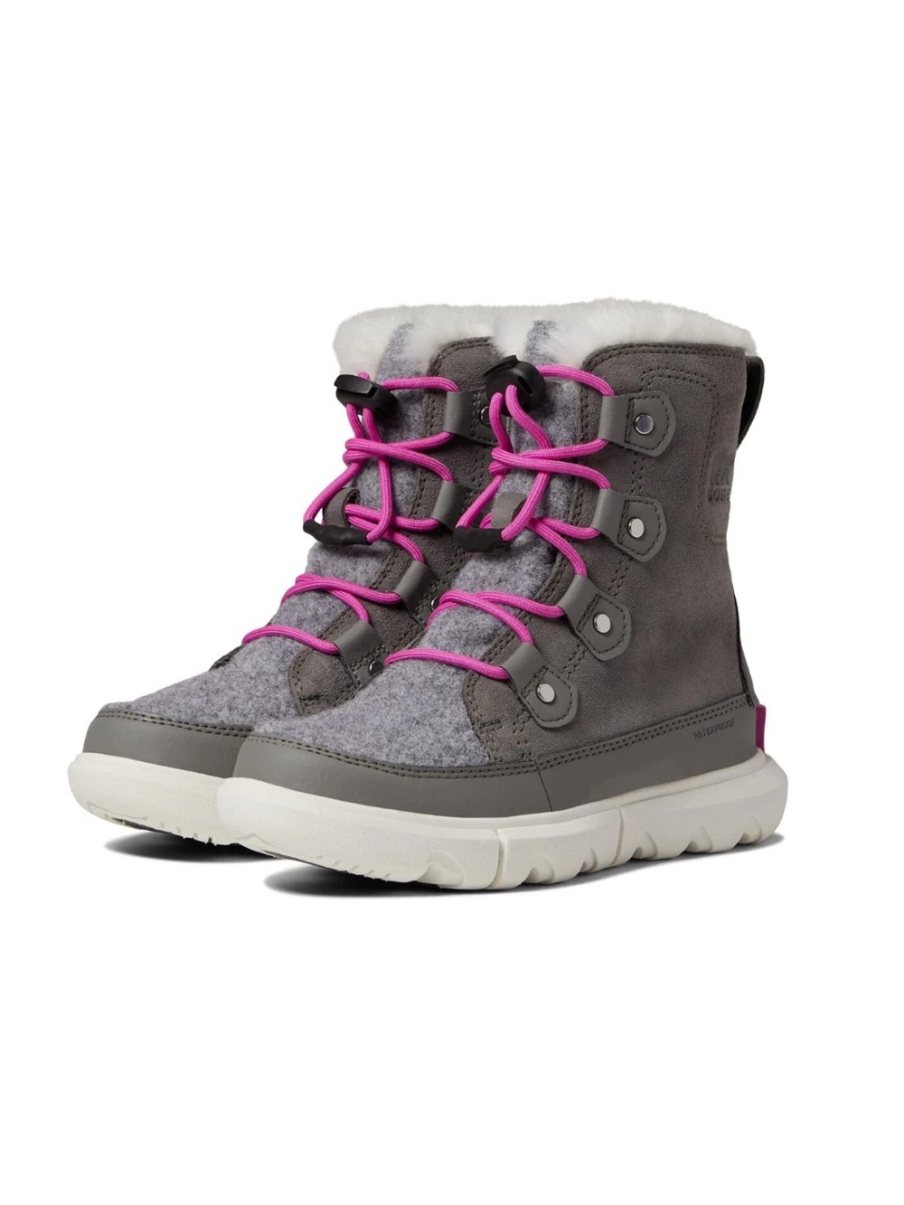 Sorel Kids Waterproof Explorer Faux Fur Lined Snow Boots Quarry Pink Gray Size 9